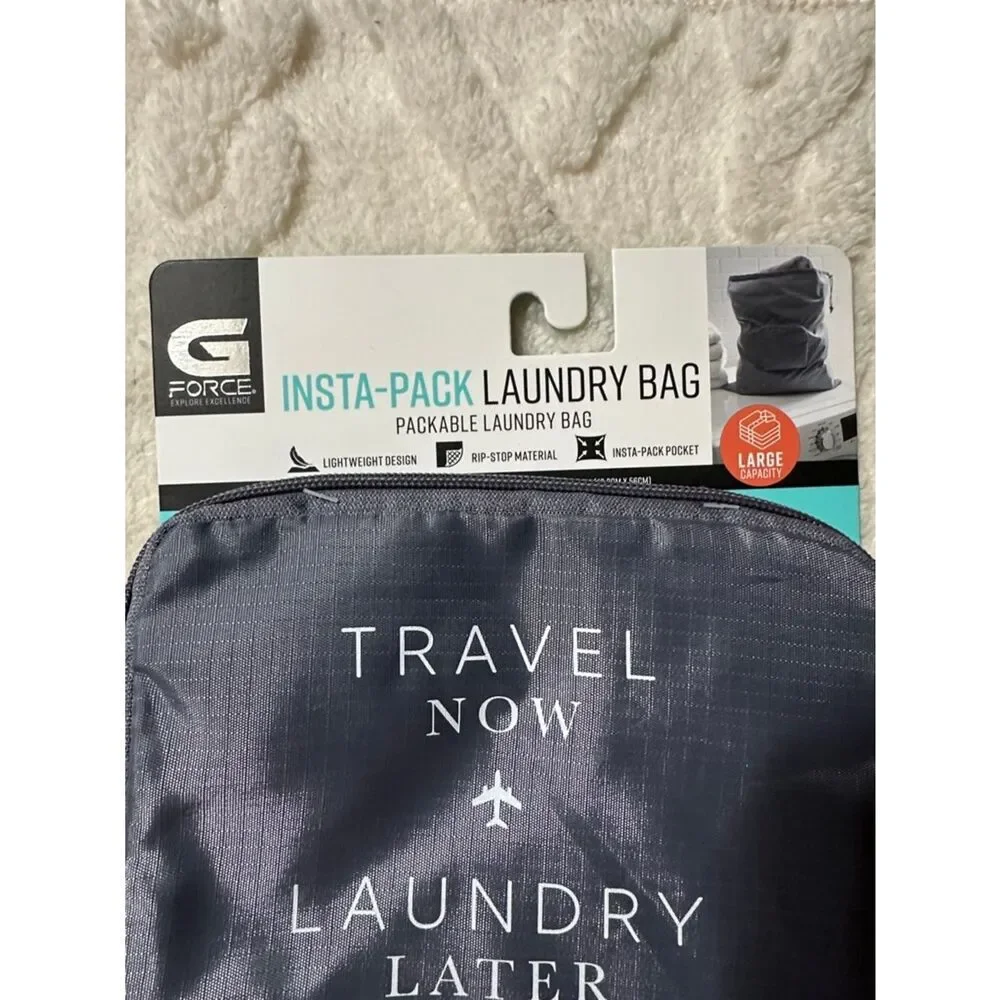 GFORCE Gray White “Travel Now Laundry Later” Zip Foldable Travel Laundry Bag